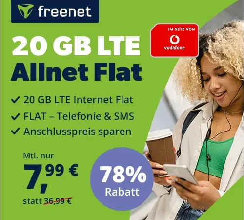🔥Vodafone-Netz: 20 GB für 7,99€ | 50 Mbit/s | Allnet- & SMS-Flat | eSim, WLAN Call, VoLTE | freenet