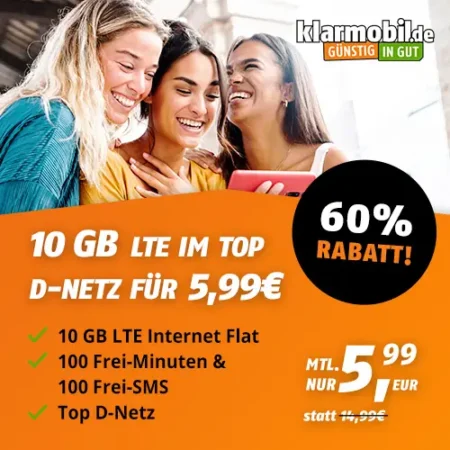 10 GB für 5,99€ | Vodafone-Netz | 100 Frei-Minuten & 100 Frei-SMS | eSim, WLAN Call, VoLTE