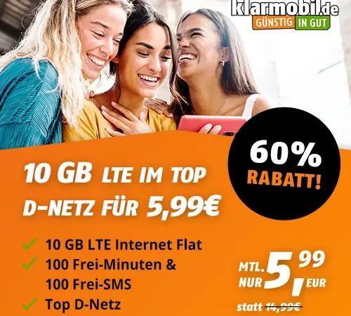 10 GB für 5,99€ | Vodafone-Netz | 100 Frei-Minuten & 100 Frei-SMS | eSim, WLAN Call, VoLTE
