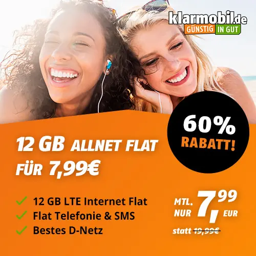 12 GB Allnet Flat für nur 7,99€ im Telekom-Netz bei Klarmobil.