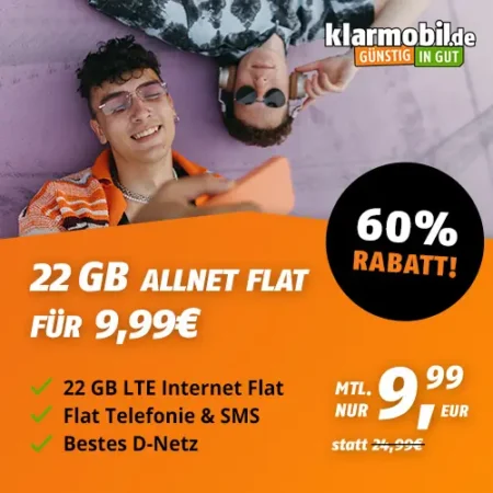 🔥Telekom-Netz: 22 GB für 9,99€ mtl. | Allnet-Flat | eSim, WLAN Call, VoLTE | Klarmobil