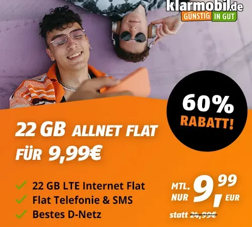 🔥Telekom-Netz: 22 GB für 9,99€ mtl. | Allnet-Flat | eSim, WLAN Call, VoLTE | Klarmobil