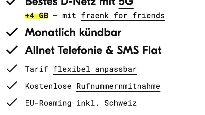 🔥Telekom-Netz: 16 GB für 10€ mtl. | 26 GB für 15€ mtl. | monatlich kündbar | 5G + Allnet-Flat | eSim, WLAN Call, VoLTE | FRAENK