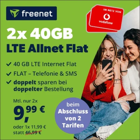 🔥Vodafone-Netz: 40 GB für 11,99€ mtl. | bei 2 Tarifen nur 9,99€ | Allnet-Flat | eSim, WLAN Call, VoLTE | freenet