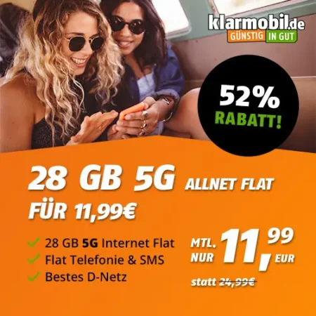 🔥Telekom-Netz: 28 GB für 11,99€ mtl. | mit 5G | Allnet-Flat | eSim, WLAN Call, VoLTE | Klarmobil