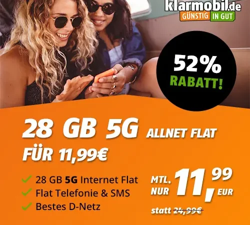 🔥Telekom-Netz: 28 GB für 11,99€ mtl. | mit 5G | Allnet-Flat | eSim, WLAN Call, VoLTE | Klarmobil