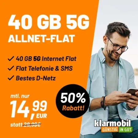 🔥Telekom-Netz: 40 GB für 14,99€ mtl. | mit 5G | Allnet-Flat | eSim, WLAN Call, VoLTE | + Gratismonat waipu.tv Perfect Plus | Klarmobil