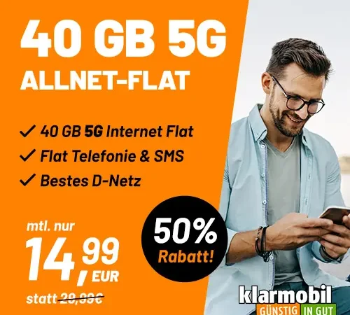 🔥Telekom-Netz: 40 GB für 14,99€ mtl. | mit 5G | Allnet-Flat | eSim, WLAN Call, VoLTE | + Gratismonat waipu.tv Perfect Plus | Klarmobil