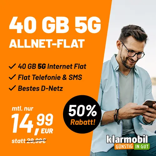 40 GB im 5G Telekom-Netz für nur 14,99€ mtl. bei Klarmobil