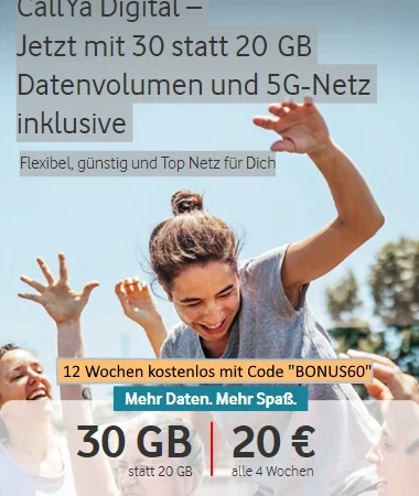 🔥 30 GB Prepaid-Freikarte | CallYa Digital von Vodafone im 5G-Netz | 12 Wochen gratis | monatlich kündbar | Telefonie & SMS Flat | 300 Mbit/s