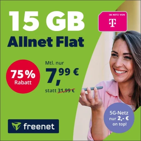 🔥15 GB im Telekom-Netz für 7,99€ mtl. | 5G-Netz Upgrade +2€ | Allnet-Flat, eSim, WLAN Call, VoLTE | +Gratismonat waipu.tv Perfect Plus | Freenet