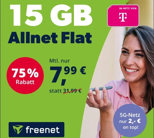 🔥15 GB im Telekom-Netz für 7,99€ mtl. | 5G-Netz Upgrade +2€ | Allnet-Flat, eSim, WLAN Call, VoLTE | +Gratismonat waipu.tv Perfect Plus | Freenet