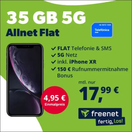 🔥35 GB + iPhone XR für 17,99€ mtl. + 4,95€ Gerätepreis | 150€ Rufnummernmitnahme Bonus | 5G-Telefónica-Netz | Allnet Flat | Freenet