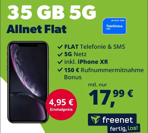 🔥35 GB + iPhone XR für 17,99€ mtl. + 4,95€ Gerätepreis | 150€ Rufnummernmitnahme Bonus | 5G-Telefónica-Netz | Allnet Flat | Freenet