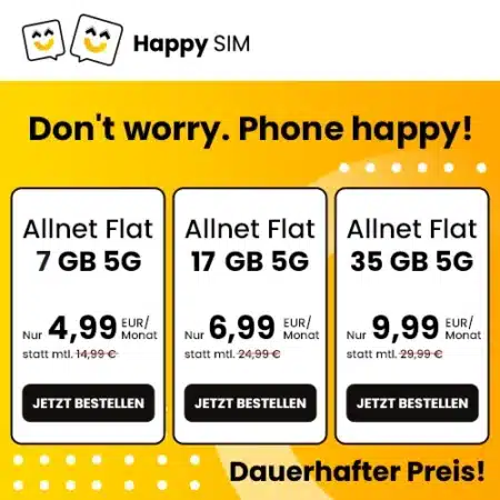 7 GB für 4,99€ mtl. | 17 GB für 6,99€ | 35 GB für 9,99€ | Dauerhafter Preis | Monatlich kündbar oder mit 3 Freimonaten | Telefónica-5G Netz (o2) | Happy SIM