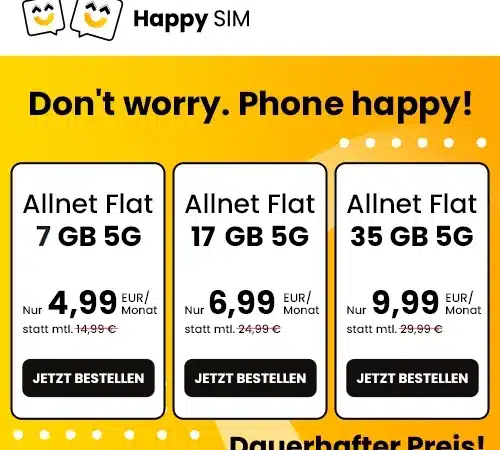 7 GB für 4,99€ mtl. | 17 GB für 6,99€ | 35 GB für 9,99€ | Dauerhafter Preis | Monatlich kündbar oder mit 3 Freimonaten | Telefónica-5G Netz (o2) | Happy SIM