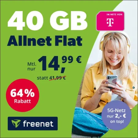 40 GB im Telekom-Netz für 14,99€ mtl. | 5G-Netz Upgrade +2€ | Allnet-Flat, eSim, WLAN Call, VoLTE | + Gratismonat waipu.tv Perfect Plus | Freenet