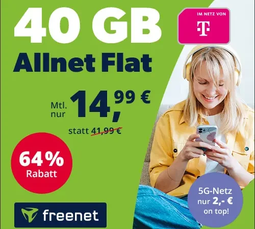 40 GB im Telekom-Netz für 14,99€ mtl. | 5G-Netz Upgrade +2€ | Allnet-Flat, eSim, WLAN Call, VoLTE | + Gratismonat waipu.tv Perfect Plus | Freenet