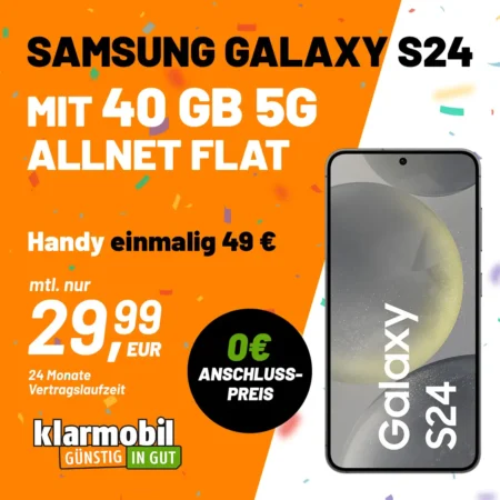 Samsung Galaxy S24 + 40 GB im 5G Vodafone-Netz für 29,99€ mtl. + einm. 49,99€ | Telefonie- und SMS-Flat | Klarmobil