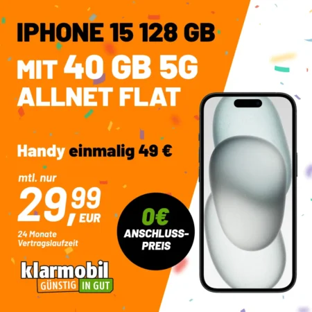 Apple iPhone 15 + 40 GB im 5G Vodafone-Netz für 29,99€ mtl. + einm. 49,99€ | Telefonie- und SMS-Flat | Klarmobil