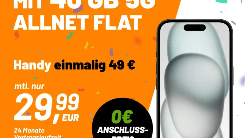 Apple iPhone 15 + 40 GB im 5G Vodafone-Netz für 29,99€ mtl. + einm. 49,99€ | Telefonie- und SMS-Flat | Klarmobil