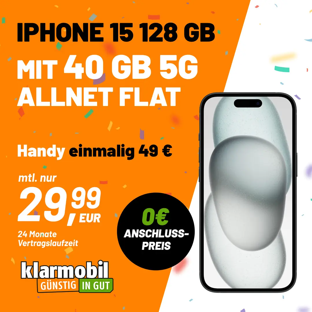 Das Apple iPhone 15 für einmalig 49,99€ + 40 GB für monatlich 29,99€ im Vodafone 5G-Netz