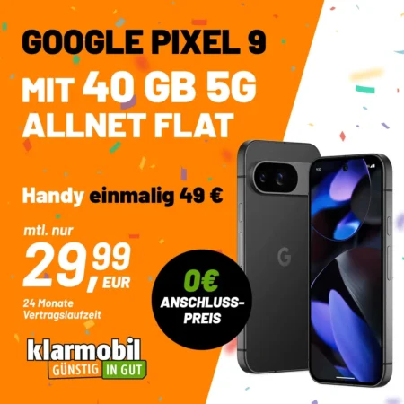 Google Pixel 9 256 GB + 40 GB im 5G Vodafone-Netz für 29,99€ mtl. + einm. 49,99€ | Telefonie- und SMS-Flat | Klarmobil