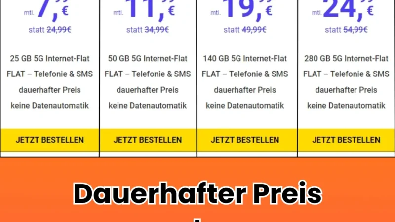 25 GB für 7,99€ | 50 GB für 11,99€ | 140 GB für 19,99€ | 280 GB für 24,99€ mtl. | Dauerhafter Preis | Monatlich kündbar | Telefónica-5G Netz (o2) | Mega SIM