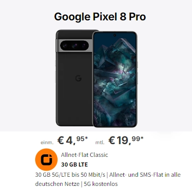 Das Google Pixel 8 PRO mit 30 GB Datenvolumen