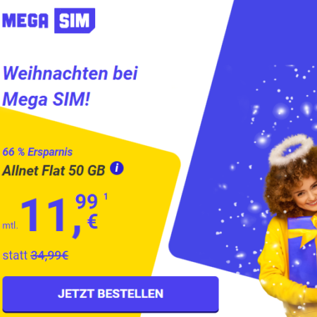 Monatlich kündbar & Preis auf Lebenszeit: 50 GB für 11,99€ | 70 GB für 14,99€ | 140 GB für 19,99€ | 280 GB für 24,99€ | Mega SIM