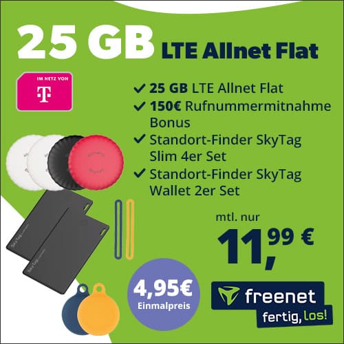 25 GB Telekom-Netz mit 6 SkyTags für 11,99€ mtl. | Allnet- & SMS-Flat | 150€ Bonus | effektiv 2,33€ mtl. | Freenet