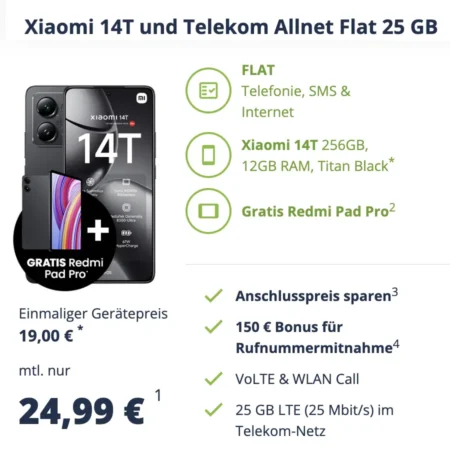 Xiaomi 14T 256GB + Xiaomi Redmi Pad Pro + 25 GB im Telekom-Netz 24,99€ mtl. + einm. 19€ | Allnet-Flat | 150 € Bonus bei Rufnummernmitnahme