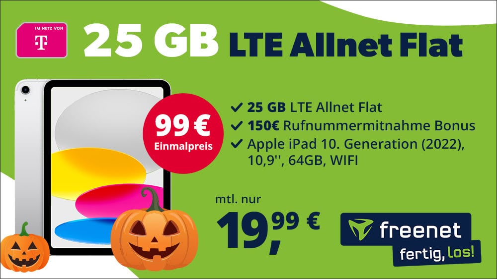 25 GB LTE Allnet-Flat mit 150€ Bonus bei Rufnummernmitnahme + iPad Wifi