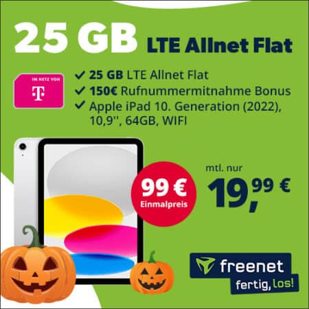 25 GB im Telekom-Netz + Apple iPad 10.Gen (2022) für 19,99€ mtl. (eff. 2,24€) + einm. 99€ | Allnet Flat | 150€ Bonus