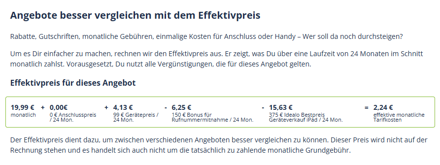 Die genaue effektiv-Preis Berechnung: Mit allen Boni und Abzügen nur 2,24€ mtl.