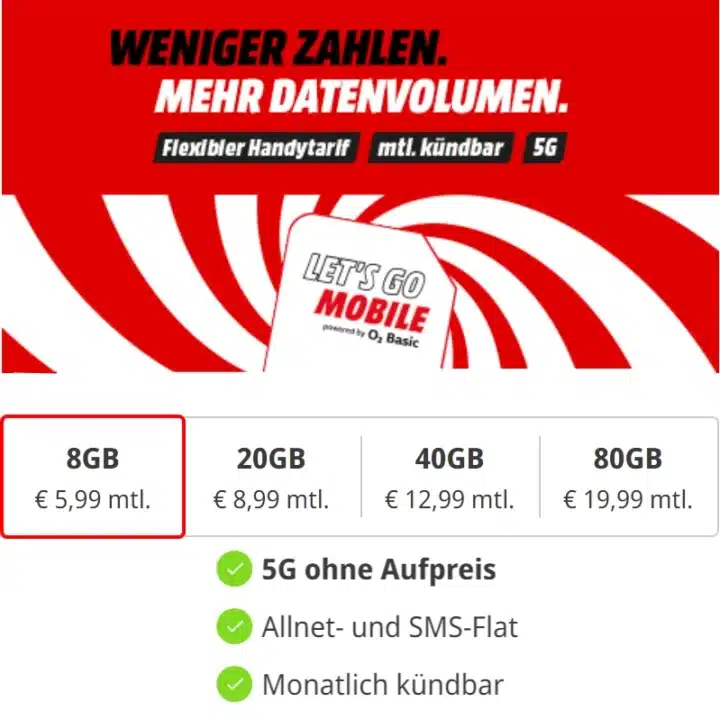 Let´s Go Mobile: 8 GB für 5,99€ | 20 GB für 8,99€ | 40 GB für 12,99€ | 80 GB für 19,99€ | monatlich kündbar & dauerhafter Preis | Neue Tarifmarke von MediaMarkt