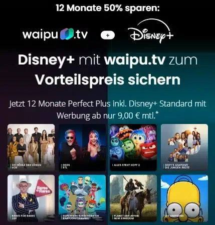 waipu.tv Perfect Plus mit Disney+ für 9€ mtl. | 12 Monate Laufzeit