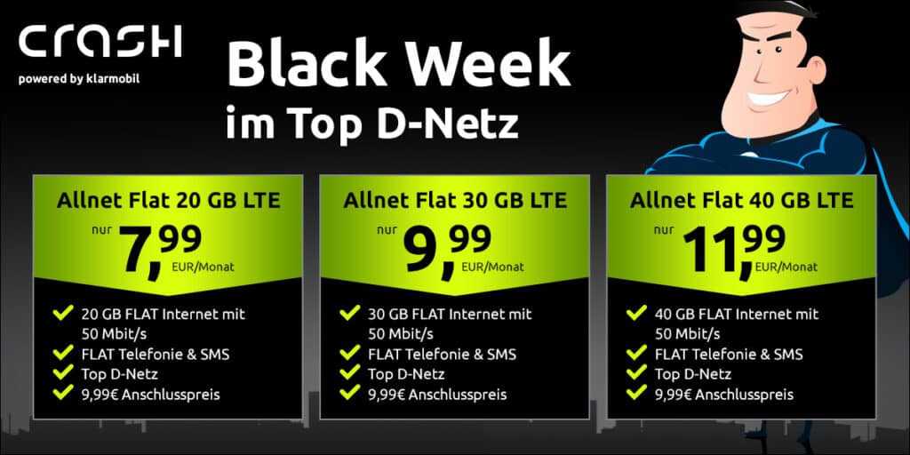 Black-Week bei Crash: 20GB für 7,99€ mtl.,  30 GB für 9,99€ mtl. & 40GB für 11,99€ im Monat.