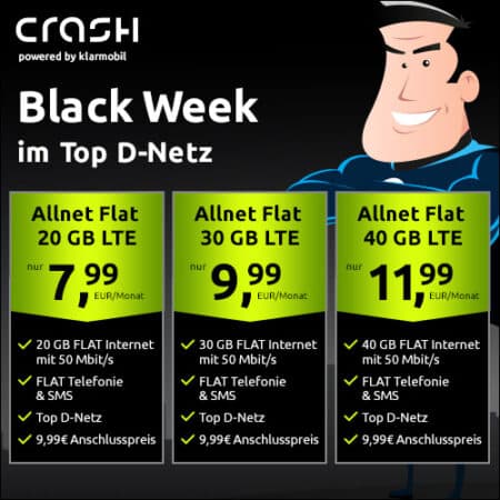 20 GB für 7,99€ | 30 GB für 9,99€ | 40 GB für 11,99€ | Vodafone-Netz | BLACK-WEEK bei CRASH | Allnet-Flat, eSim | 1 Monat waipu.tv Perfect Plus