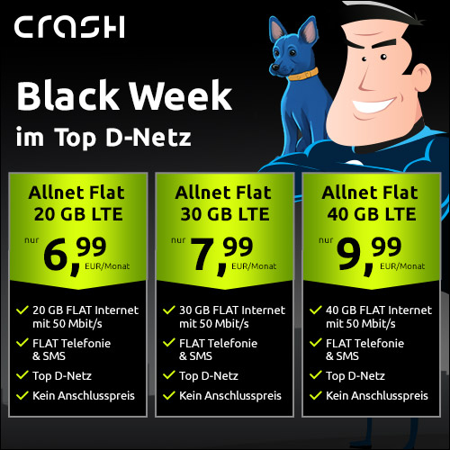 20 GB für 6,99€ | 30 GB für 7,99€ | 40 GB für 9,99€ | Vodafone-Netz | BLACK-WEEK Highlight bei CRASH | Allnet-Flat, eSim | 1 Monat waipu.tv Perfect Plus GRATIS!