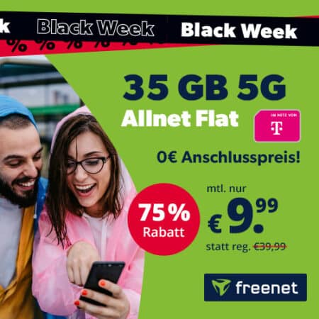 🔥35 GB im 5G Telekom-Netz für 9,99€ mtl. | Allnet- & SMS-Flat | Black Friday bei Freenet