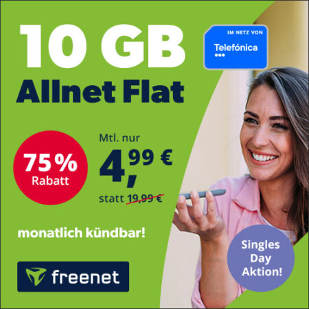 Monatlich kündbar: 10 GB für 4,99€ im Telefónica-Netz 5G-Netz | Allnet- & SMS-Flat | Hammer Singles Day Aktion bei Freenet