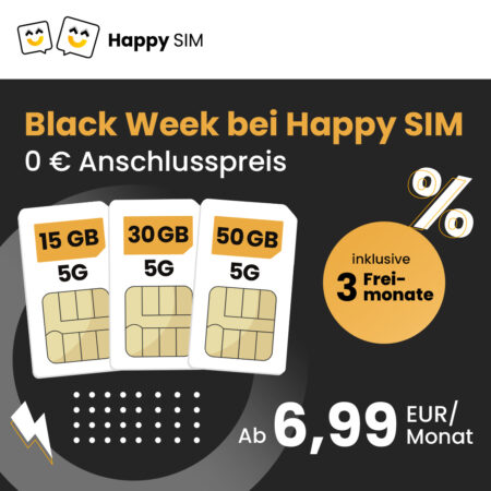 🔥15 GB für 6,99€ | 30 GB für 7,99€ | 50 GB für 9,99€ | 5G Telefónica-Netz | Dauerhafter Preis + Monatlich kündbar | 3 Freimonate | Black Week bei Happy SIM