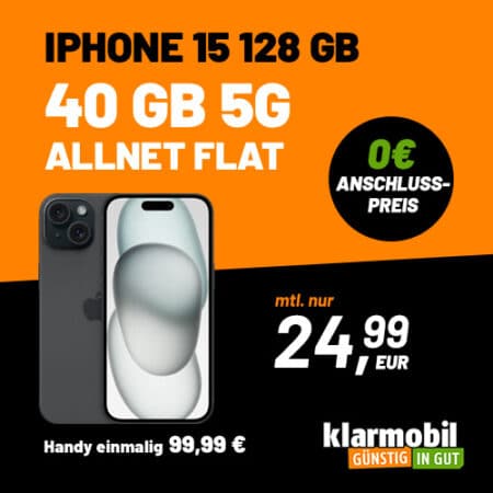 40 GB + iPhone 15 für 24,99€ mtl. im 5G Vodafone-Netz | 99€ Zuzahlung | 150 Mbits | Telefonie- und SMS-Flat | Klarmobil