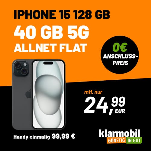 40 GB 5G Allnet Flat mit iPhone 15 bei Klarmobil für 24,99€ mtl.