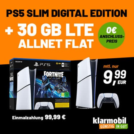 🔥PlayStation 5 Slim Fortnite Edition + 30 GB im Vodafone D2-Netz für 9,99€ mtl. + 99€ Zuzahlung | Telefonie- und SMS-Flat | Klarmobil