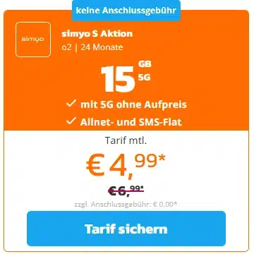 15 GB für 4,99€ mtl. bei Simyo | Telefonica-Netz mit 5G | Telefonie- und SMS-Flat | Black-Week Deal