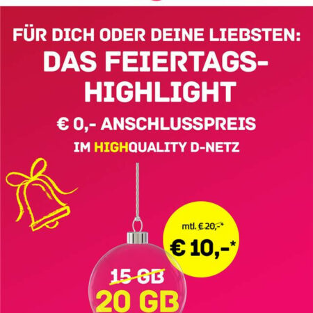 Telekom-Netz: 20 GB für 10€ mtl. | 30 GB für 15€ mtl. | 45 GB für 20€ mtl. | Gutschrift von bis zu 100 € | Weihnachten bei HIGH-Mobile