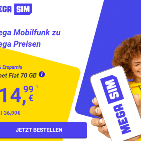 Monatlich kündbar & Preis auf Lebenszeit: 70 GB für 14,99€ | 100 GB für 19,99€ | 200 GB für 24,99€ | Unlimited GB für 26,99€ bei Mega SIM