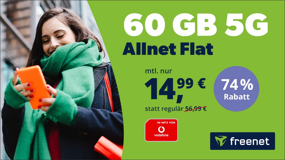 60 GB im 5G Netz von Vodafone D2 für nur 14,99€ im Monat mit 150 Mbit/s!